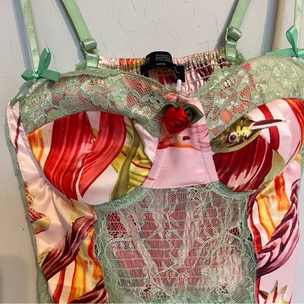 🛍️ Finesse Sultry Coquette Tropical Devi Bird Floral Lace Corset Top‎ Size M - Picture 8 of 10